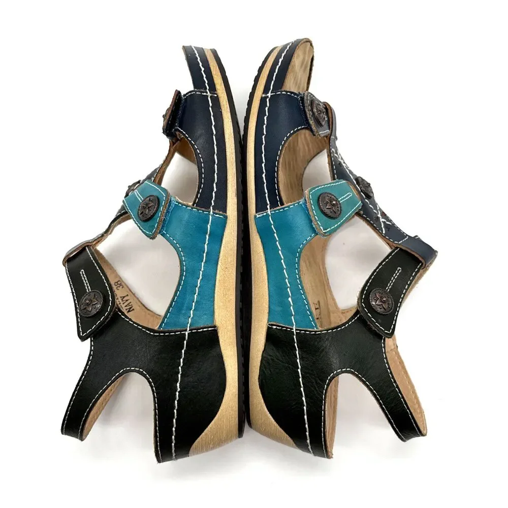 L'Artiste by Spring Step MELISSA Navy/Teal Leather Wedge Sandal Wm US 7.5 & EU38